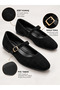 Women's Black Suede Mary Jane Ballerinas with Gold Buckle Strap, Daily Stylish Flat Sole Ballerina Shoes Stc1384 - 4