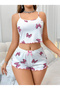 Cotton White with Pink Ribbon Patterned Ribbed Strap Shorts Pajama Set - 2