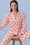Women's Double-Breasted Collared Checkered Pink Pajama Set with Belted Waist - 3