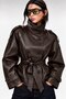 Women's Khaki Collar - Stand Collar Detailed Belted Lined Zr Model Leather Trench Jacket