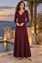 Women's Long Sleeve Heart Neckline Waist Cinched Deep Slit Long Janjan Crepe Dress - Feminine Posture and Eye-Catching Elegance - 3