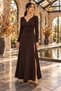 Women's Long Sleeve Heart Neckline Waist Cinched Deep Slit Long Janjan Crepe Dress - Feminine Posture and Eye-Catching Elegance - 2
