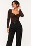 Women's Black Heart Collar Front Gathered Long Sleeve Slim Fit Blouse - 5