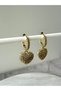 Zircon Stone Dangling Heart Hoop Gold Earrings - 3