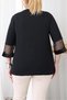 Women's Black Plus Size Velvet Floral Embroidery Tulle Low-Cut Three Quarter Sleeve Side Slit Wide Collar Stretchy Viscose Blouse - 4