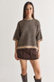 Women's Beige-Brown Striped Crew Neck Half Sleeve Shirred Oversize Knitwear Sweater 5282 60286698 - 2
