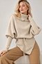 Women's Beige Turtleneck Bat Sleeve Waist-Tied Asymmetrical Cut Knitwear Sweater - 4