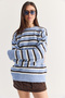 Women's Blue-Brown Striped Crew Neck Oversize Knitwear Sweater 5536 60286709 - 3