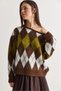 Women's Bitter Brown Diamond Patterned Boat Neck Oversize Embroidered Knitwear Sweater 5231 60286701 - 5