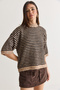 Women's Beige-Brown Striped Crew Neck Half Sleeve Shirred Oversize Knitwear Sweater 5282 60286698 - 3