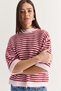 Women's Powder-Pink Striped Crew Neck Half Sleeve Embroidered Oversize Knitwear Sweater 5282 60286698 - 5