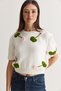 Women's Ecru-Green Floral Appliqué Crew Neck Short Sleeve Crop Knitwear Sweater 5391 60286714 - 3
