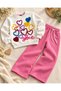 Girl's Pink Color Pearl Bow Appliqué Detail Tracksuit Set