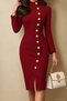 Women's Long Sleeve Turtleneck Buttoned Midi Imported Crepe Dress - 3