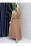 Women's Modest, Chic, and Elegant Double Crepe Fabric Camel-Colored Dress