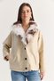 Women's Beige Shearling Fur Collar Buttoned Pocket Detailed Hem Gathered Jacket 7071 60286679 - 2
