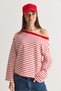 Women's Ecru-Red Striped Boat Neck Off-Shoulder Oversize Long Sleeve Sweatshirt 0490 60286741 - 2