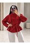 Red Suede Stand Collar Belted Drawstring Leather Jacket - 3