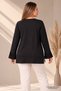 Women's Black Plus Size Shoulder Faux Leather Stone Detail Sleeve Flounce Chiffon Pleated Long Sleeve Crew Neck Stretchy Viscose Blouse - 4