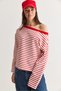 Women's Ecru-Red Striped Boat Neck Off-Shoulder Oversize Long Sleeve Sweatshirt 0490 60286741 - 3
