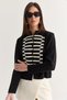 Women's Black Napoleon Model Piping Detailed Metal Buttoned Stand Collar Knitwear Cardigan 9116 60286736 - 4