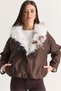 Women's Brown Faux Fur Collar Buttoned Jacket with Pocket Details and Drawstring Hem 7071 60286679