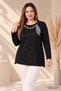 Women's Black Plus Size Front Patterned Collar Chain Scarf Detail Wide Collar Long Sleeve Stretchy Viscose Blouse