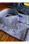 Slimfit Blue Shawl Patterned Cotton Satin Long Collar Shirt - 4