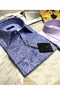 Slimfit Blue Shawl Patterned Cotton Satin Long Collar Shirt - 3