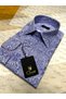 Slimfit Blue Shawl Patterned Cotton Satin Long Collar Shirt - 5