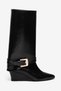 Women's Black Wedge Heeled Boots with Gold Buckle Detail and Pointed Toe Leather Boots - 3