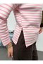 Modal Fabric Women's Striped Long Sleeve Blouse with Slit Detail - 3