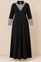 Women's Black Collared Sleeve Striped Shirt Detail Pocket Long Sleeve Stretchy Viscose Maxi Dress