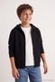 Black Boy's Hooded Zippered Double Pocket Plain Knitted Sweatshirt Tkdaw27Sw00055 - 3