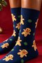 Unisex Ginger Breadman Patterned Christmas Themed Socks Navy Blue - 6