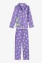 Girl's Lilac Feel Better Cat Patterned Cotton Buttoned Long Sleeve Shirt Pants Pajama Set