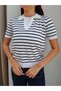 V-Neck Striped Short Sleeve Sweater - 3