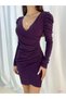 Women's Purple Lurex Princess Long Sleeve Double Breasted Collar Crepe Fabric Evening Dress 6D-2117