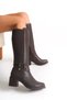 Bitter Brown Leather Look Stretchy Back Flexible Thick High Heels Buckle Detailed Zippered Long Boots