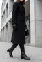 Black Leather Look Stretch Back Flexible Thick Medium High Heel V Metal Detail Zippered Long Boots - 6