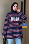 Women's Combed Cotton Fabric Letter Printed Crew Neck Striped Tunic 3261 Navy Blue