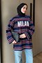Women's Combed Cotton Fabric Letter Printed Crew Neck Striped Tunic 3261 Navy Blue - 2