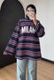 Women's Combed Cotton Fabric Letter Printed Crew Neck Striped Tunic 3261 Navy Blue - 3