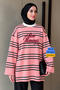 Women's Combed Cotton Fabric Letter Printed Crew Neck Striped Tunic 390.1 Pink