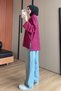 Women's Combed Cotton Fabric Letter Printed Crew Neck Striped Tunic 3260 Red - 7