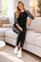 Leopard Print, Sporty Elegance - Women's Long Sleeve Crew Neck Viscose Two-Thread Blouse with Leopard Sleeve Detail and Striped Pants Two-Piece Set - 2