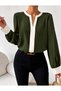 Women's Gold Buckle V-Neck Contrast Piping Long Sleeve Stylish Blouse - 2