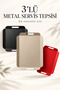 Metal Presentation Tray Set, Soft Colors, Modern Tea and Coffee Presentation Tray, 3 Piece Set (Cappuccino-Black-Red)