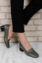 Women's Khaki Blunt Toe Short Thick Heeled Genuine Leather Shoes - 2
