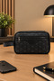 Unisex Black Leather Cosmetic Portfolio Bag Stylish Shaving Travel Bag Daily Care Bag Hand Bag